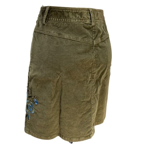 Nine & Co. Olive Corduroy Embroidered Floral A-Line Mini Skirt With Studs Y2K - Picture 6 of 14